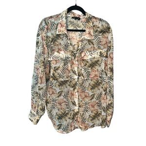 SIMON CHANG Sheer Button Front Blouse Tropical Print